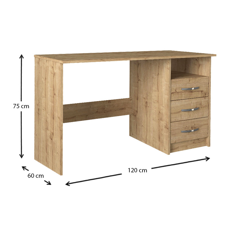 CAMINO Office Desk in sapphire oak finish with three drawers and one shelf, dimensions 120x60x75 cm.
