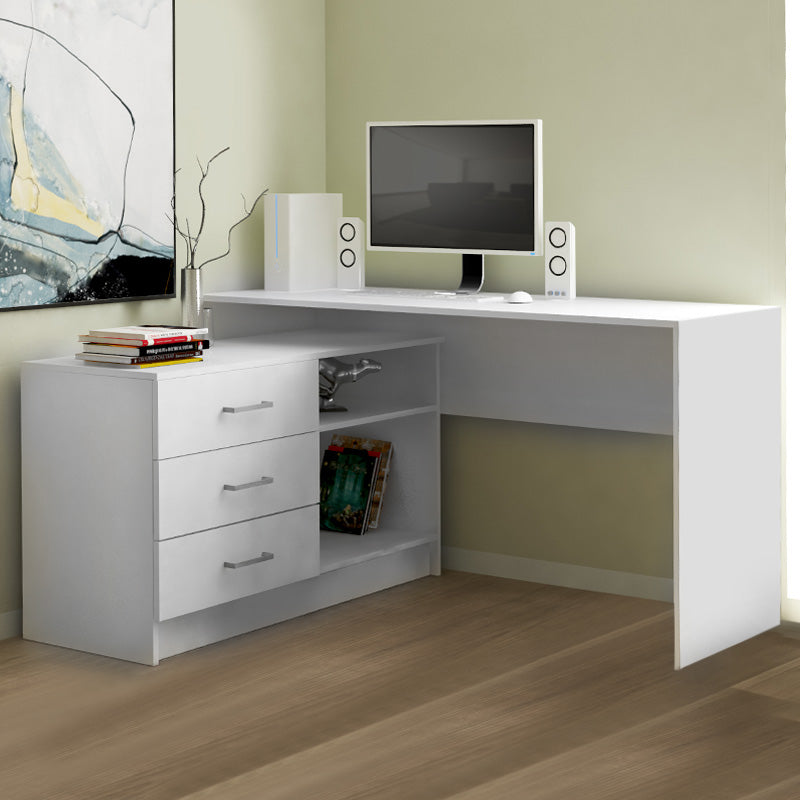 FOLDABLE White Office Desk with three drawers and two shelves, featuring a reversible corner design, ideal for home and business use.
