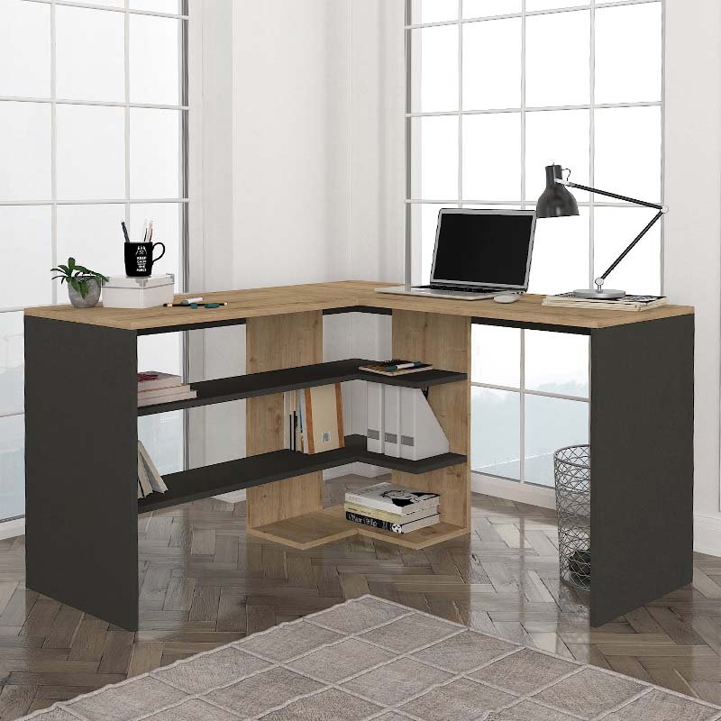 GUIDO Office Desk in sapphire oak and anthracite, featuring a spacious surface and modern design, ideal for home or office use.
