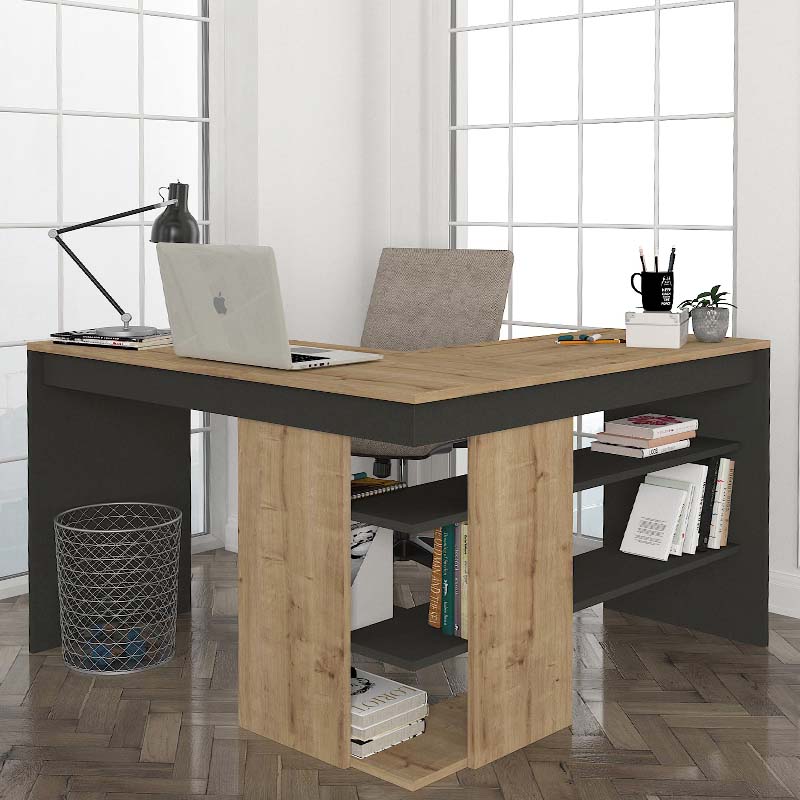 GUIDO Office Desk in sapphire oak and anthracite, featuring a spacious surface and modern design, ideal for home or office use.