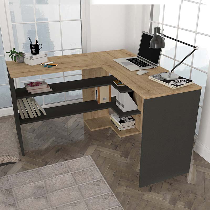 GUIDO Office Desk in sapphire oak and anthracite, featuring a spacious surface and modern design, ideal for home or office use.