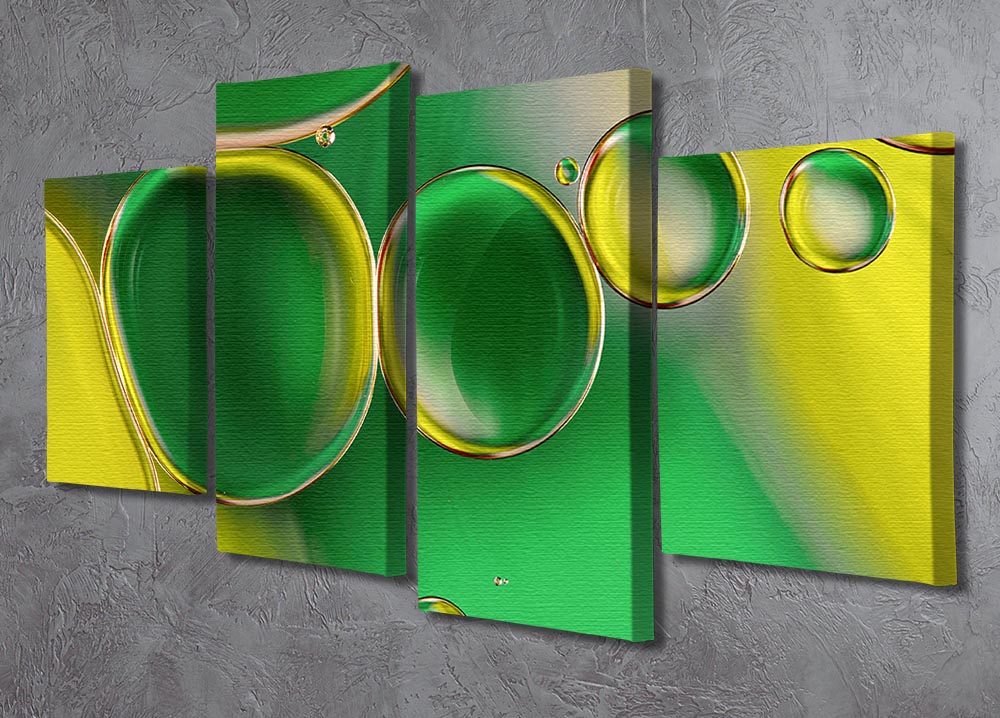 A vibrant 4-panel canvas artwork depicting oil and water, showcasing dynamic colors and patterns.