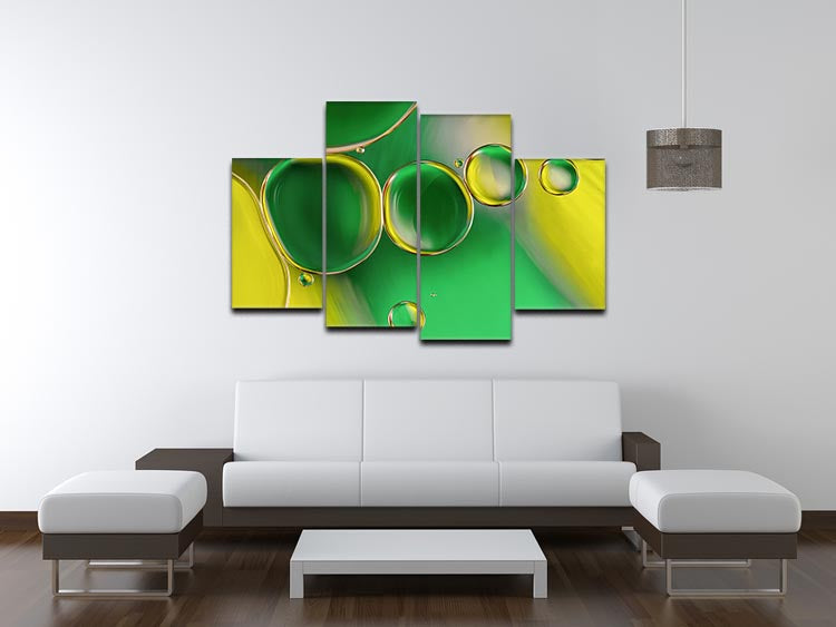 A vibrant 4-panel canvas artwork depicting oil and water, showcasing dynamic colors and patterns.