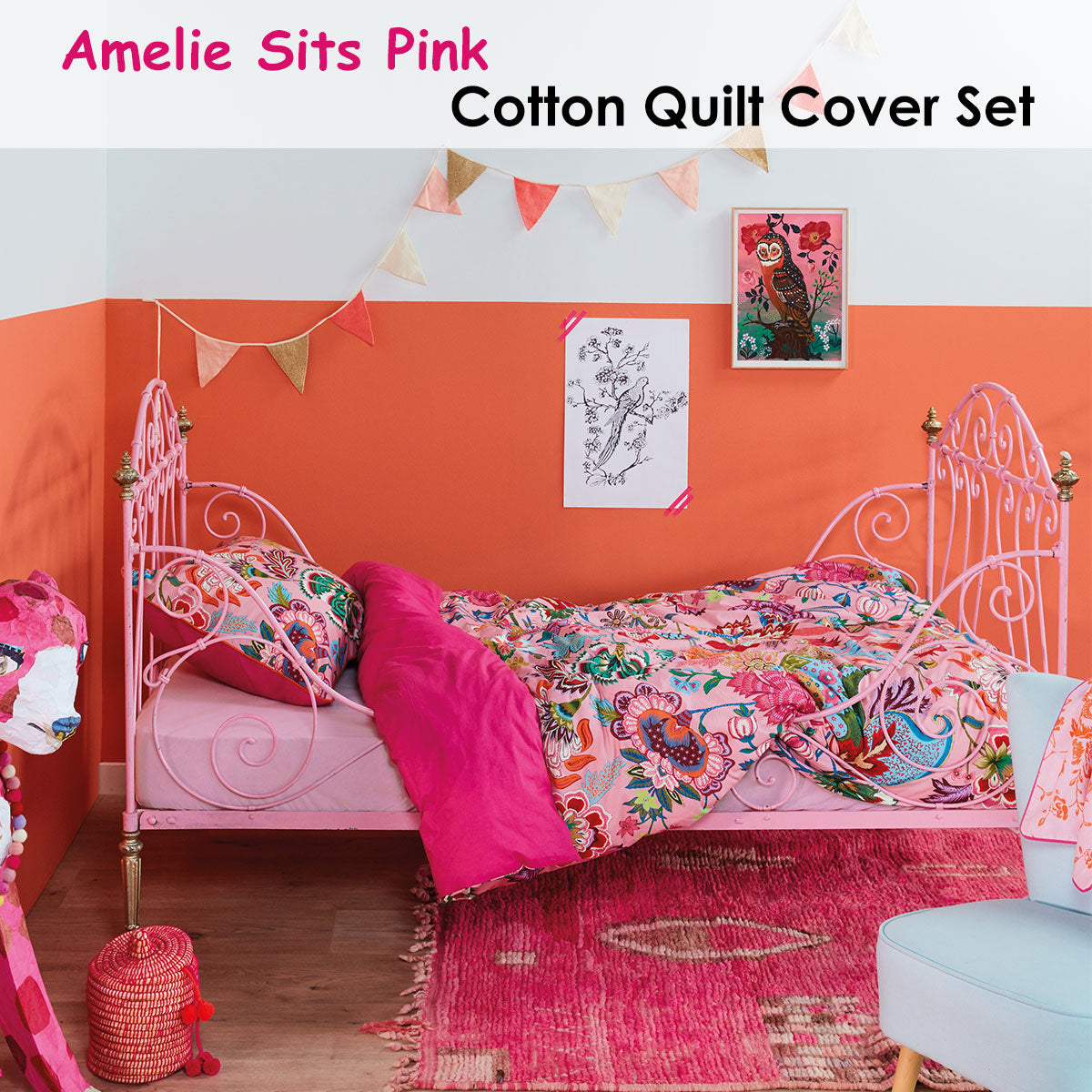 Oilily Amelie Sits Pink Cotton Quilt Cover Set featuring a colorful paisley print on a pink background with a solid dark pink reverse.