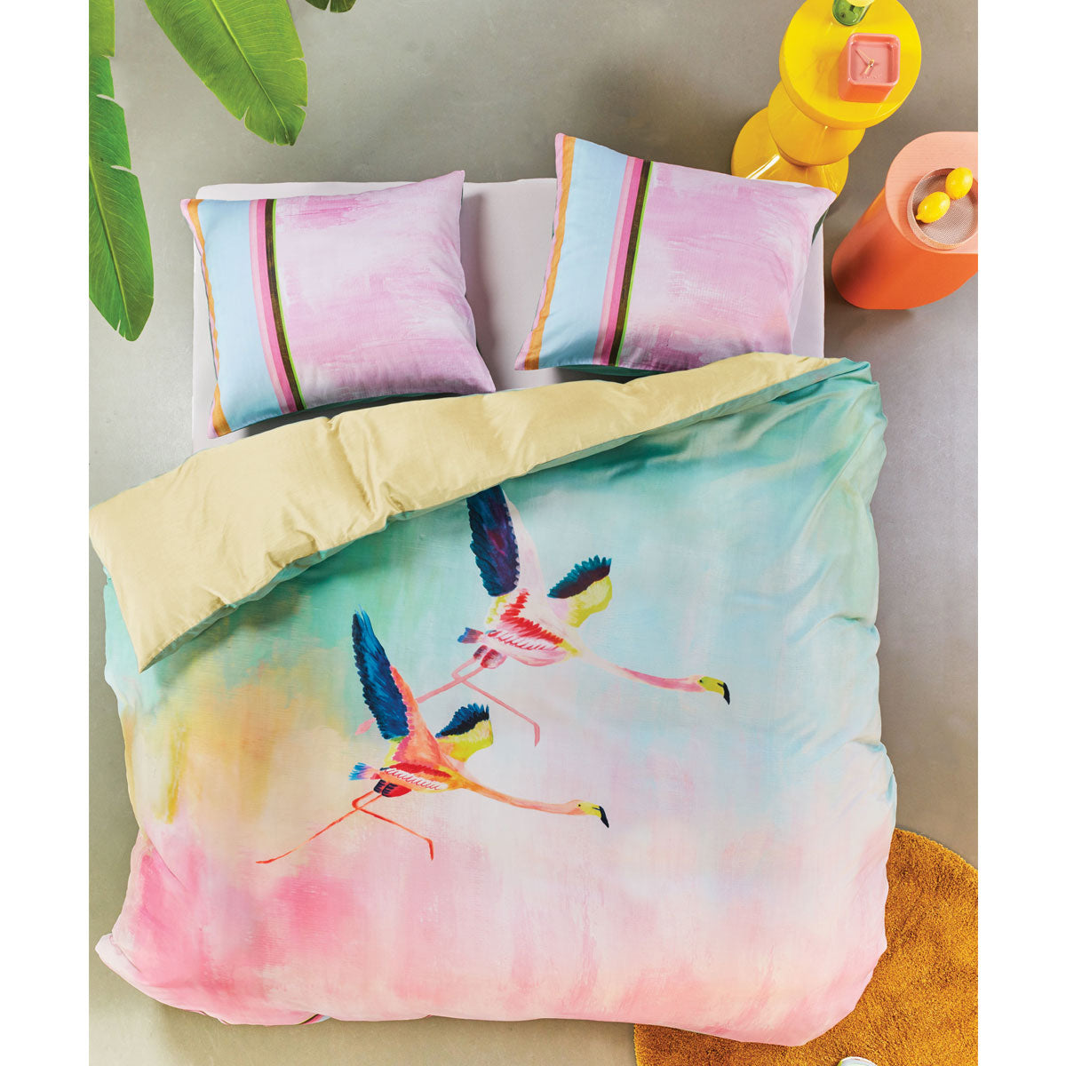 Oilily Colourful Birds Multi Cotton Sateen Quilt Cover Set featuring vibrant flamingos and abstract watercolor design, perfect for queen-sized beds.