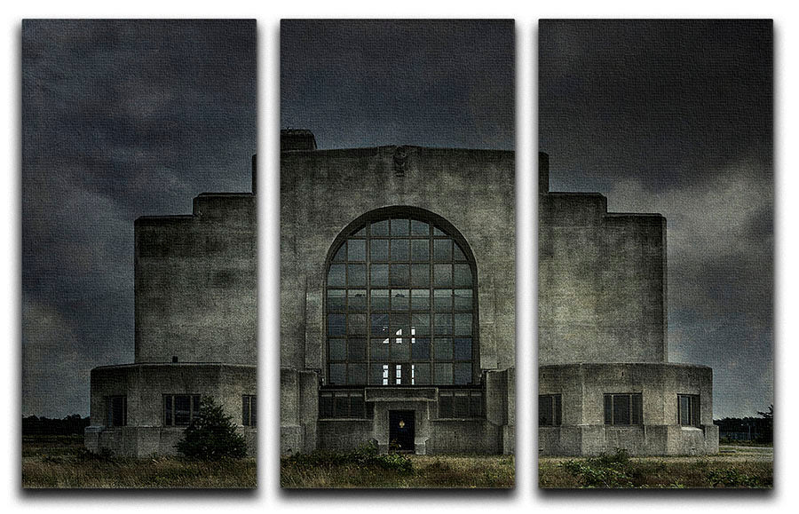 Three-panel canvas print featuring an old building at night, showcasing intricate details and vibrant colors.