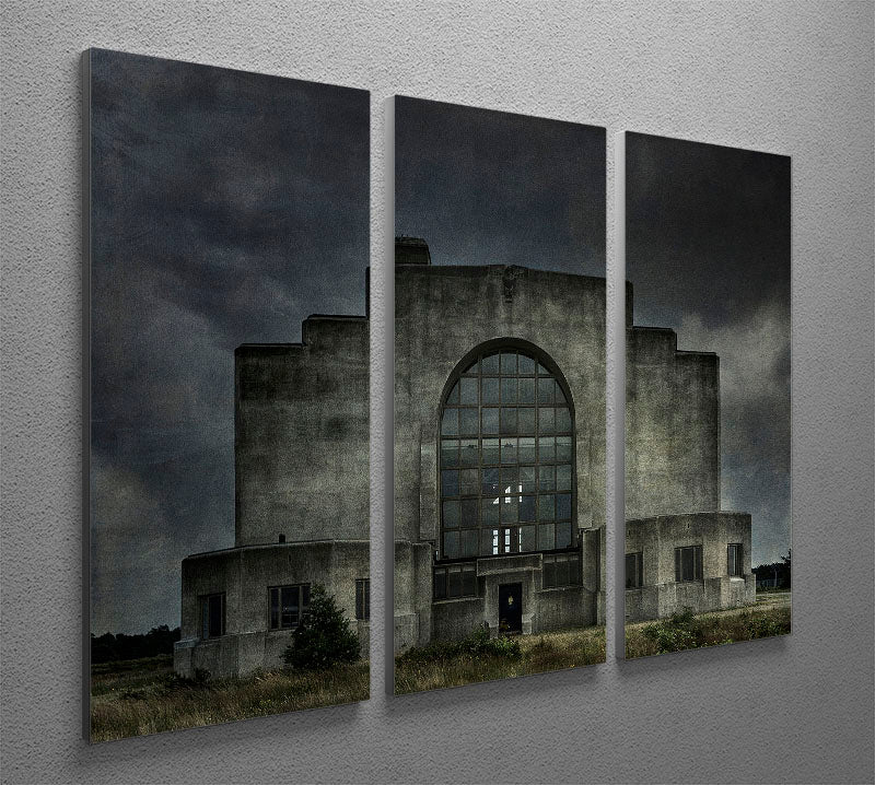 Three-panel canvas print featuring an old building at night, showcasing intricate details and vibrant colors.