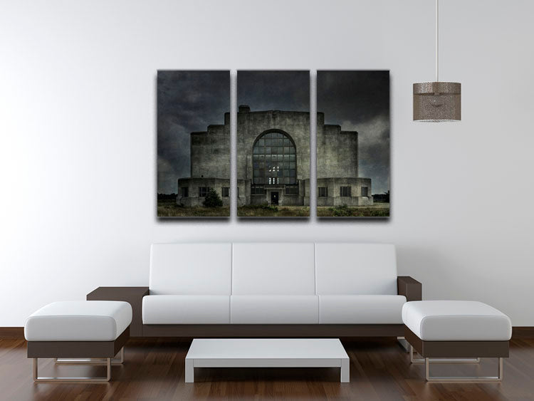 Three-panel canvas print featuring an old building at night, showcasing intricate details and vibrant colors.