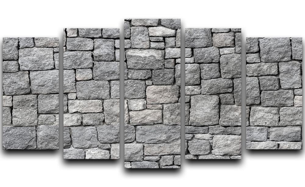 Old gray stone wall artwork displayed as a 5 split panel canvas, showcasing rustic texture and depth.