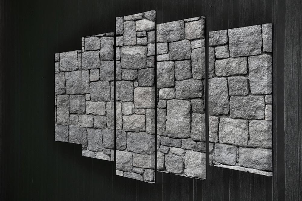 Old gray stone wall artwork displayed as a 5 split panel canvas, showcasing rustic texture and depth.
