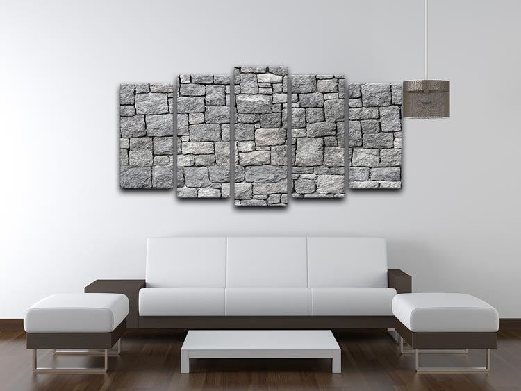 Old gray stone wall artwork displayed as a 5 split panel canvas, showcasing rustic texture and depth.