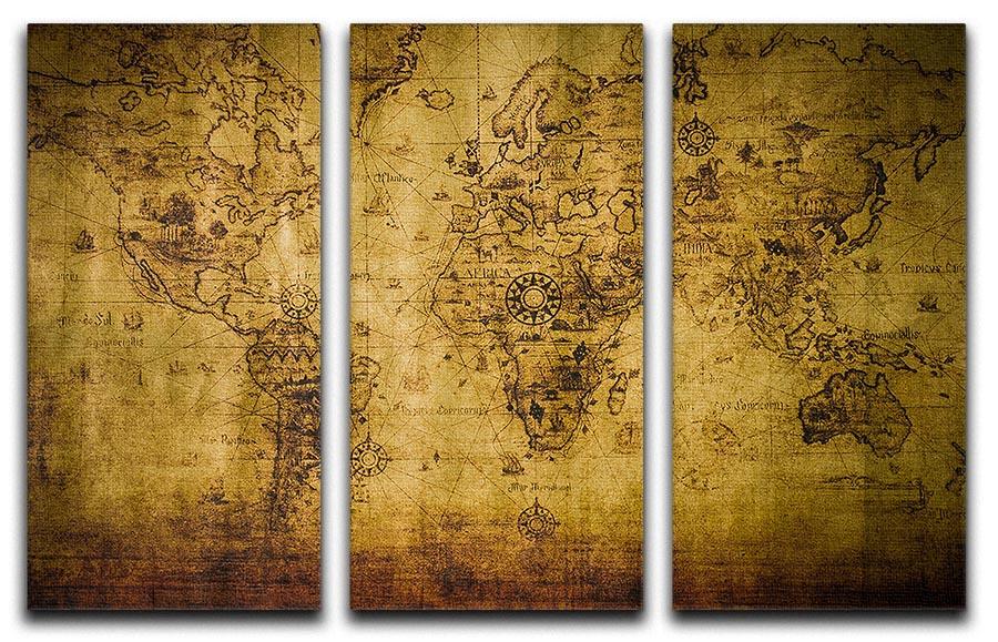 Old Map 3 Split Panel Canvas Print featuring a vintage map design across three panels, ideal for home decor.