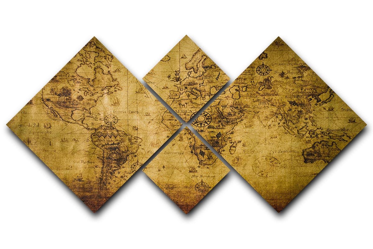 Old Map 4 Square Multi Panel Canvas artwork featuring a vintage map design divided into four equal panels.