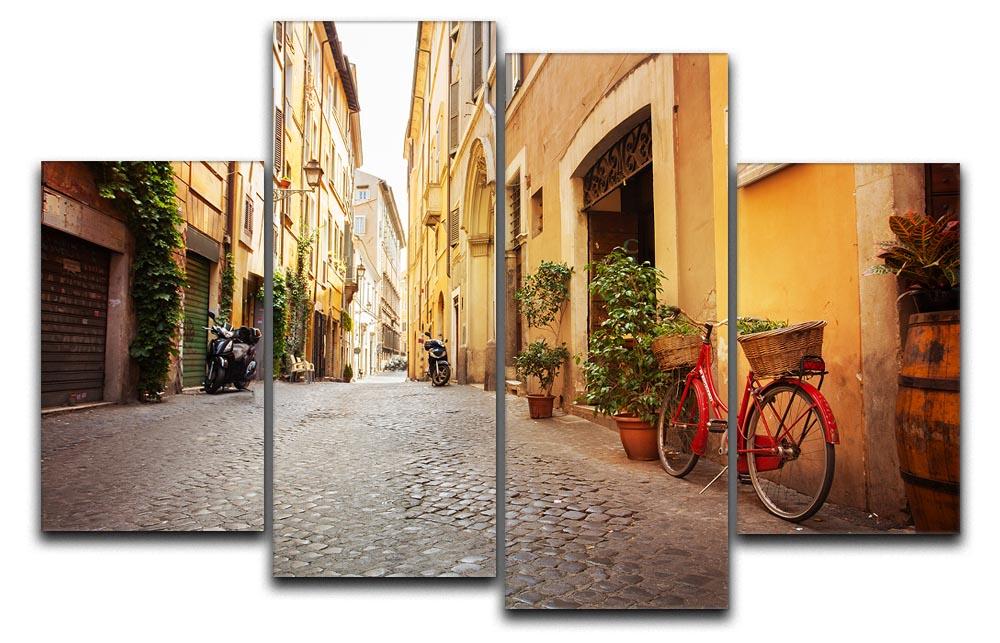 A beautiful 4-split canvas artwork depicting the charming streets of Trastevere, Rome, showcasing vibrant colors and intricate details.