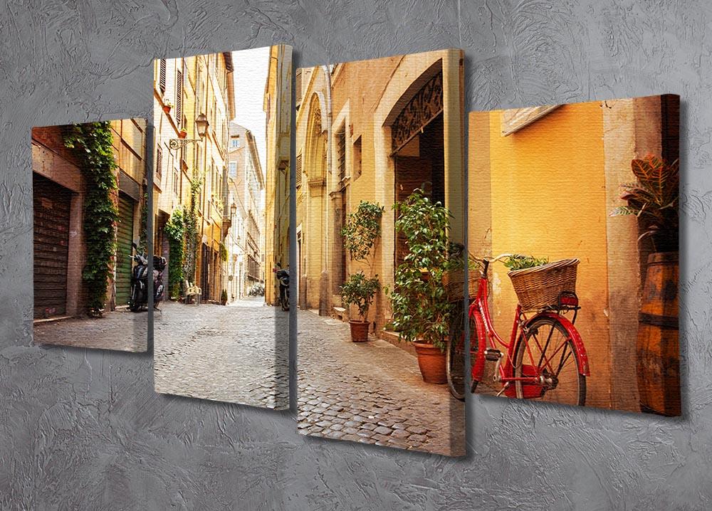 A beautiful 4-split canvas artwork depicting the charming streets of Trastevere, Rome, showcasing vibrant colors and intricate details.