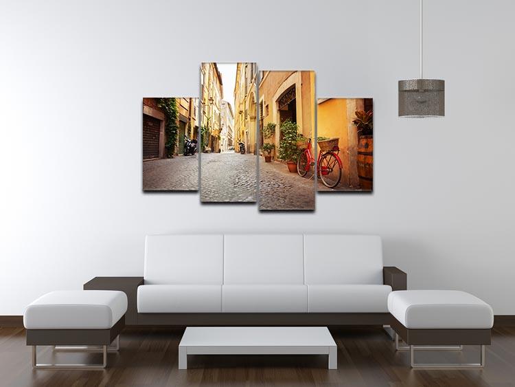 A beautiful 4-split canvas artwork depicting the charming streets of Trastevere, Rome, showcasing vibrant colors and intricate details.