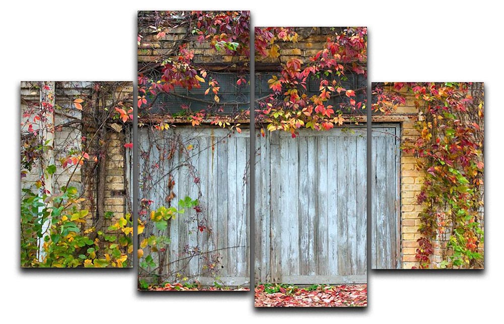 A 4-split canvas artwork featuring an old wooden door against a brick background, showcasing rustic charm and artistic depth.