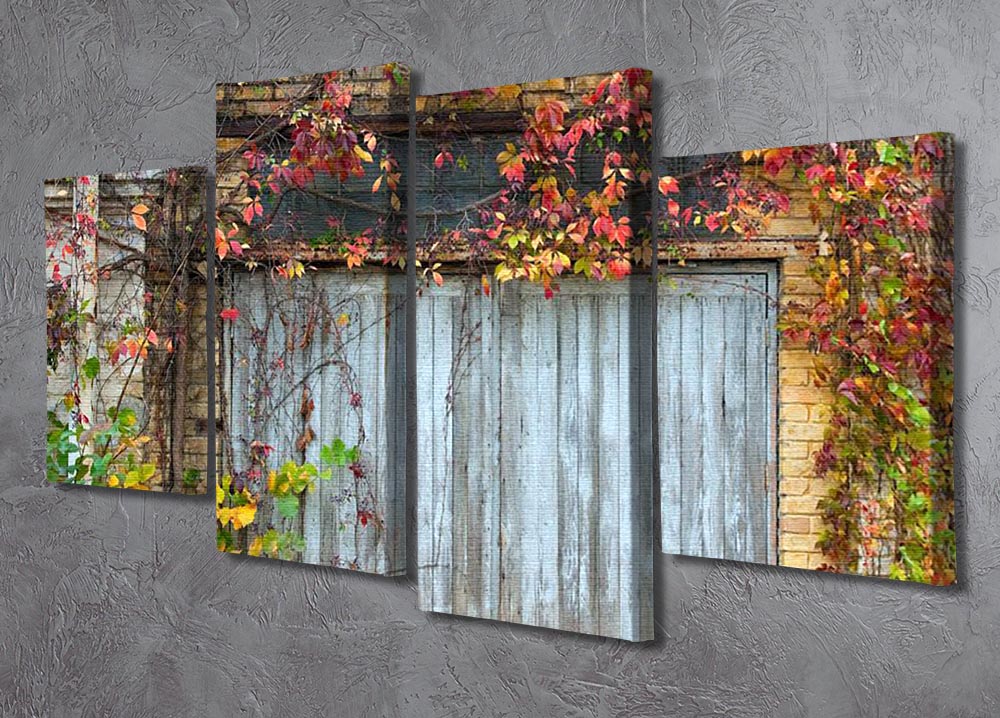 A 4-split canvas artwork featuring an old wooden door against a brick background, showcasing rustic charm and artistic depth.