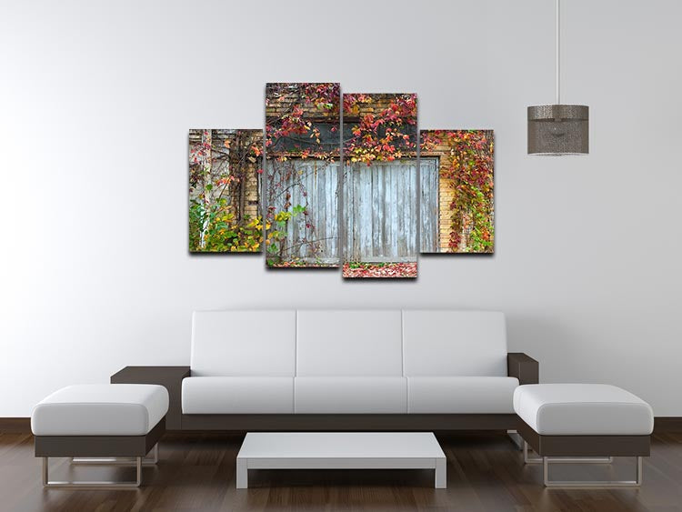 A 4-split canvas artwork featuring an old wooden door against a brick background, showcasing rustic charm and artistic depth.