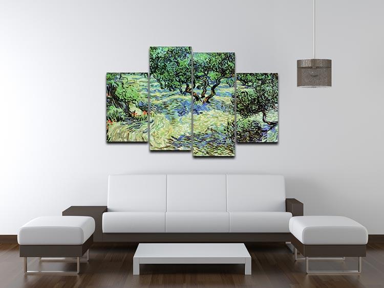Olive Grove by Van Gogh 4 Split Panel Canvas artwork featuring vibrant colors and expressive brushwork, displayed in a modern setting.
