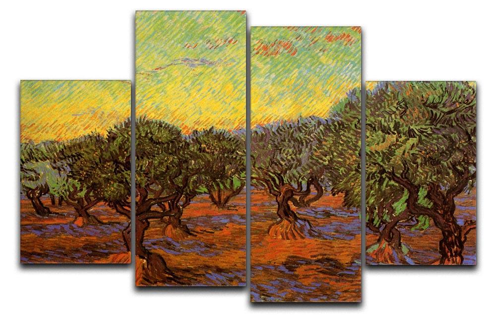 Olive Grove Orange Sky by Van Gogh, a 4 split panel canvas artwork showcasing vibrant colors and dynamic design.