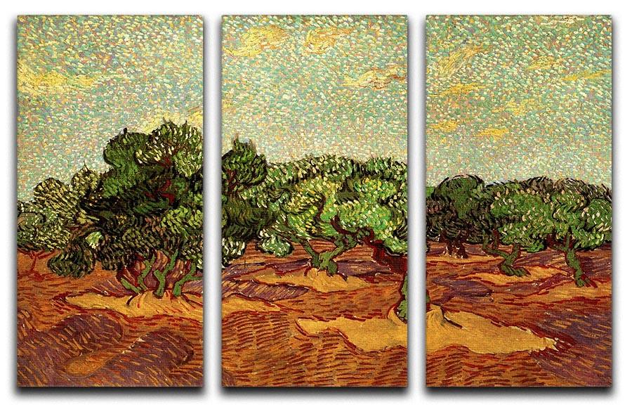 Three-panel canvas print of Van Gogh's Olive Grove Pale Blue Sky, showcasing vibrant colors and intricate details.