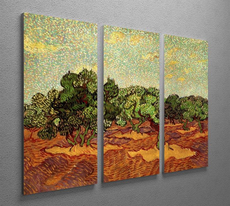 Three-panel canvas print of Van Gogh's Olive Grove Pale Blue Sky, showcasing vibrant colors and intricate details.