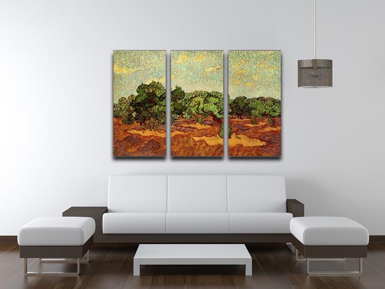 Three-panel canvas print of Van Gogh's Olive Grove Pale Blue Sky, showcasing vibrant colors and intricate details.