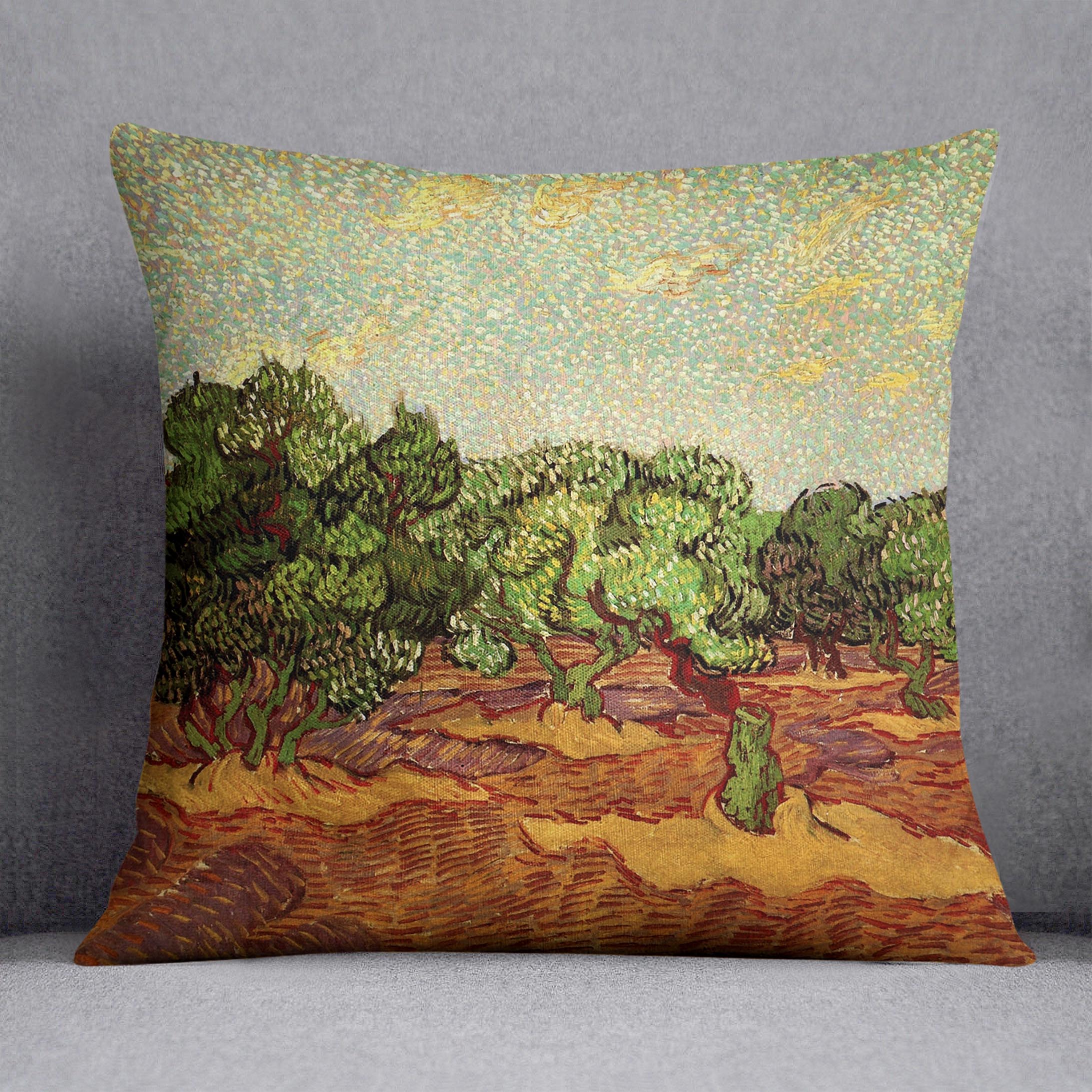 Olive Grove Pale Blue Sky cushion featuring vibrant abstract design on luxurious vegan faux suede, perfect for home decor.