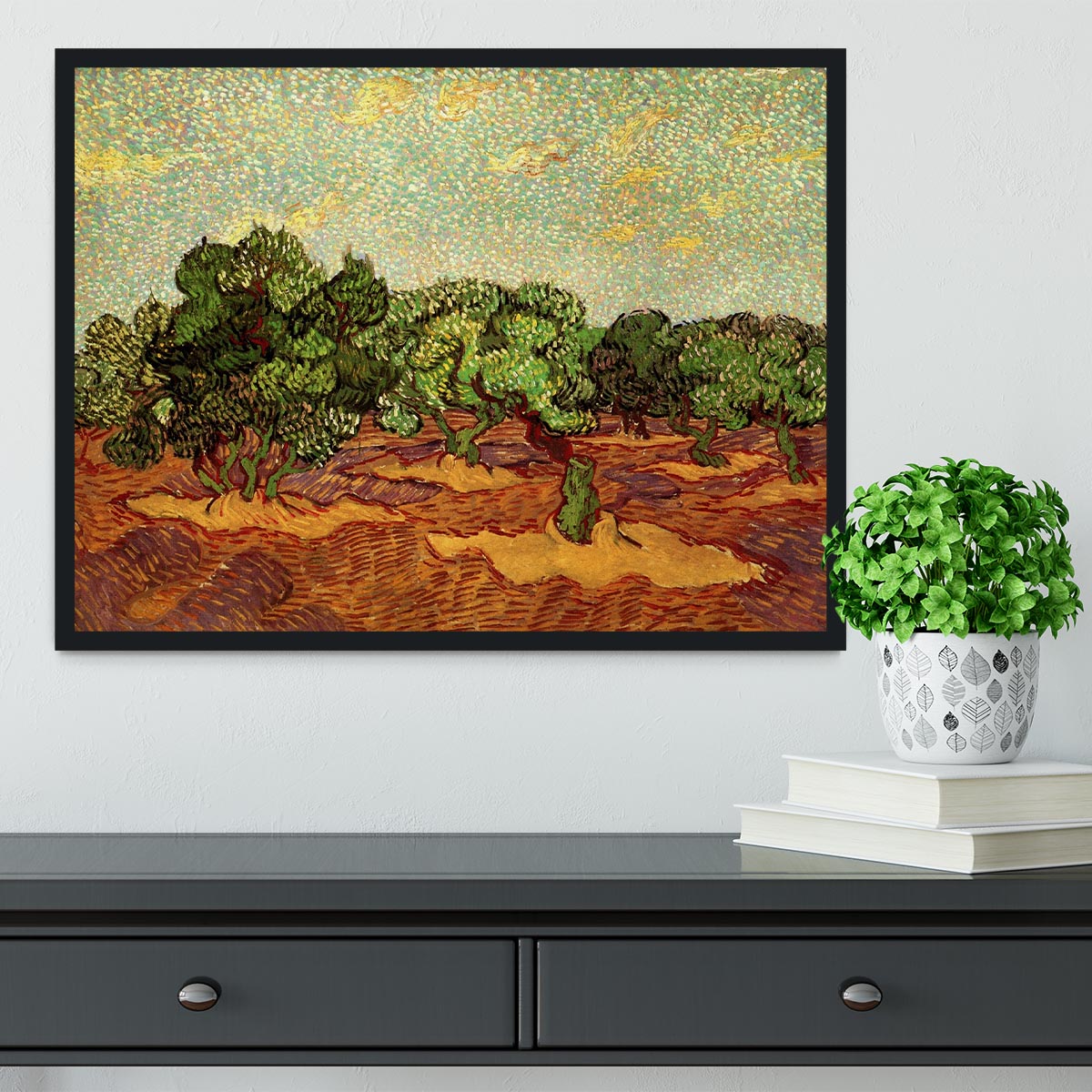 Framed print of Olive Grove Pale Blue Sky by Van Gogh, showcasing vibrant colors and intricate details in a stylish frame.