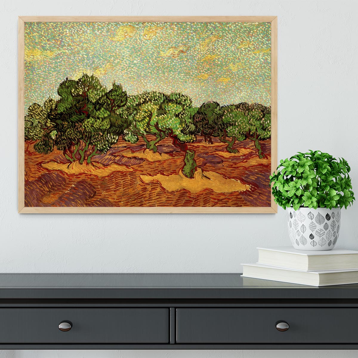 Framed print of Olive Grove Pale Blue Sky by Van Gogh, showcasing vibrant colors and intricate details in a stylish frame.
