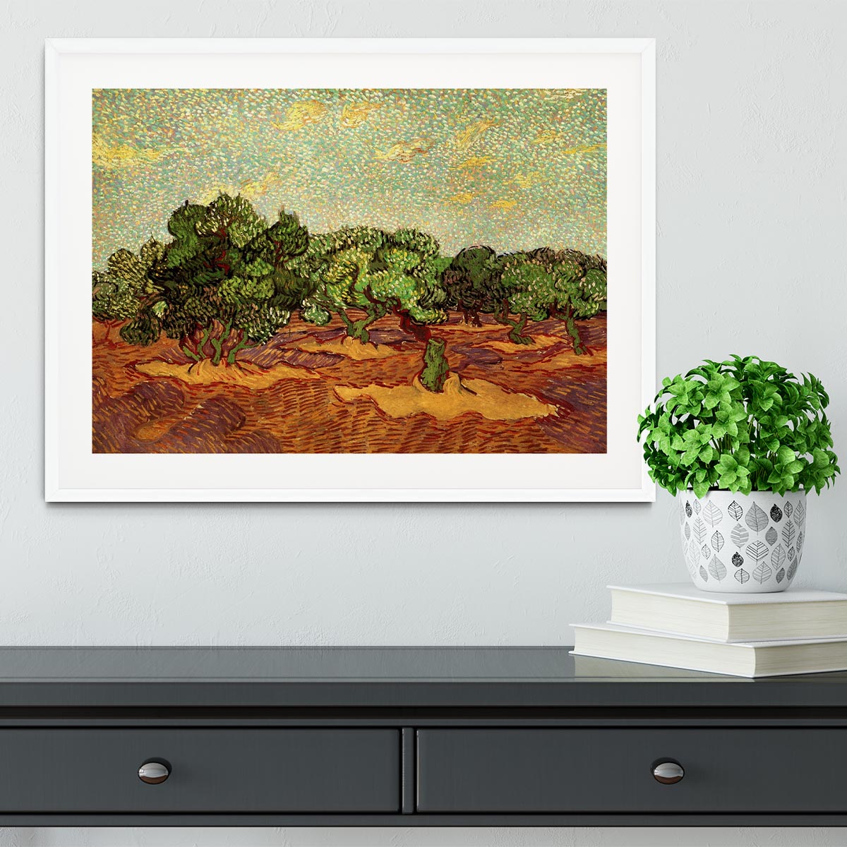 Framed print of Olive Grove Pale Blue Sky by Van Gogh, showcasing vibrant colors and intricate details in a stylish frame.