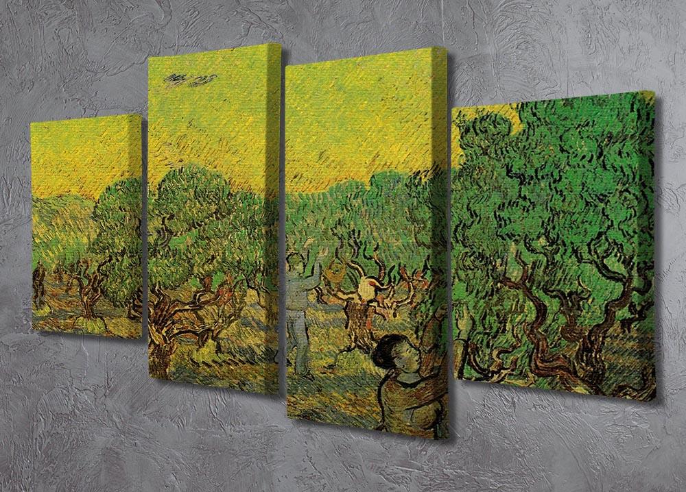 A 4-split canvas artwork featuring Van Gogh's Olive Grove with Picking Figures, showcasing vibrant colors and dynamic design.