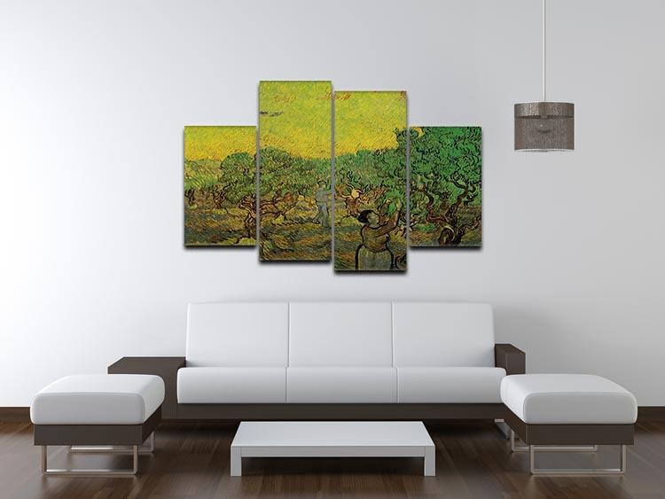 A 4-split canvas artwork featuring Van Gogh's Olive Grove with Picking Figures, showcasing vibrant colors and dynamic design.