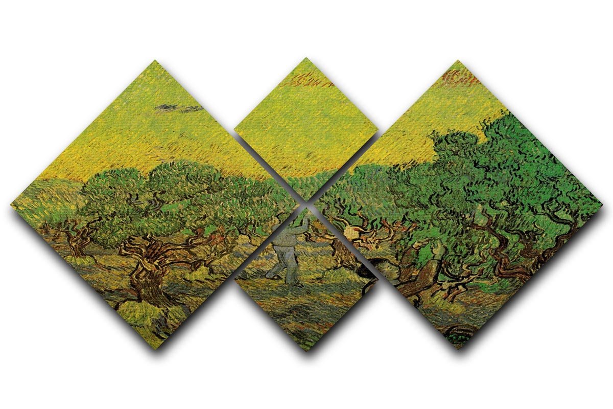 A 4-square multi-panel artwork featuring Van Gogh's Olive Grove with Picking Figures, showcasing vibrant colors and intricate details.