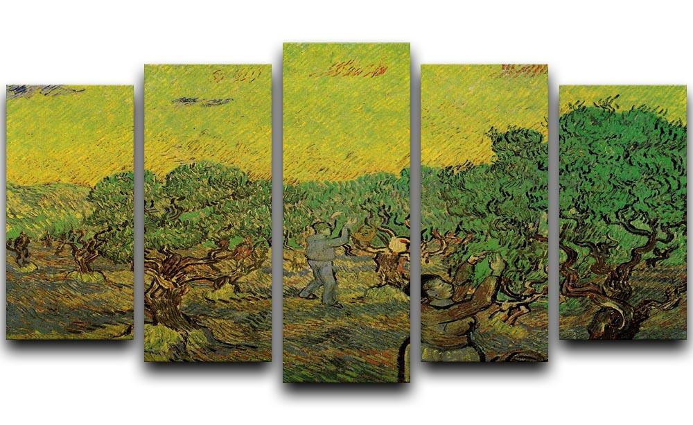 Olive Grove with Picking Figures by Van Gogh, displayed as a 5 split panel canvas artwork, showcasing vibrant colors and dynamic design.