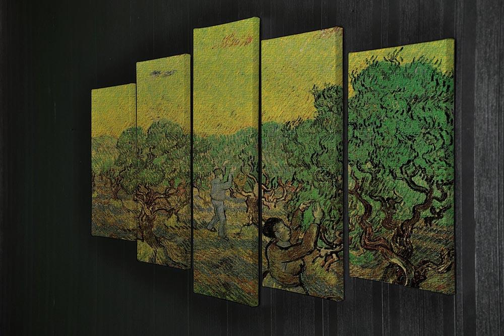 Olive Grove with Picking Figures by Van Gogh, displayed as a 5 split panel canvas artwork, showcasing vibrant colors and dynamic design.