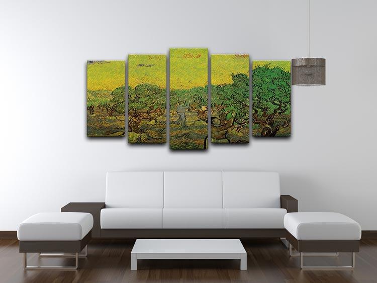 Olive Grove with Picking Figures by Van Gogh, displayed as a 5 split panel canvas artwork, showcasing vibrant colors and dynamic design.