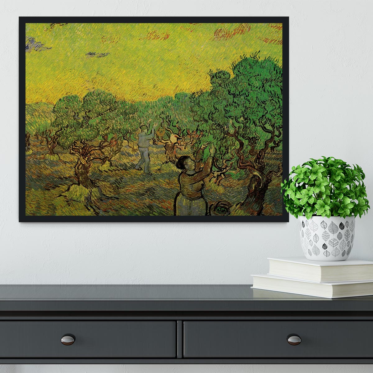Framed print of Olive Grove with Picking Figures by Van Gogh, showcasing vibrant colors and intricate details in a stylish frame.