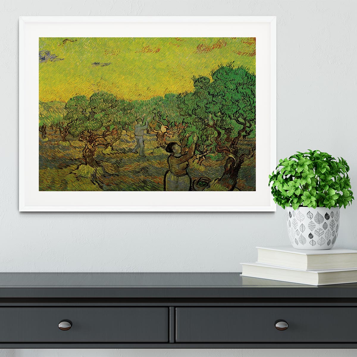 Framed print of Olive Grove with Picking Figures by Van Gogh, showcasing vibrant colors and intricate details in a stylish frame.