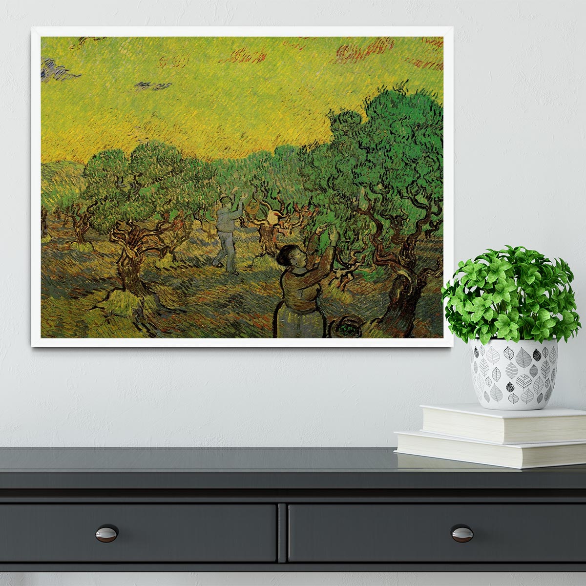 Framed print of Olive Grove with Picking Figures by Van Gogh, showcasing vibrant colors and intricate details in a stylish frame.