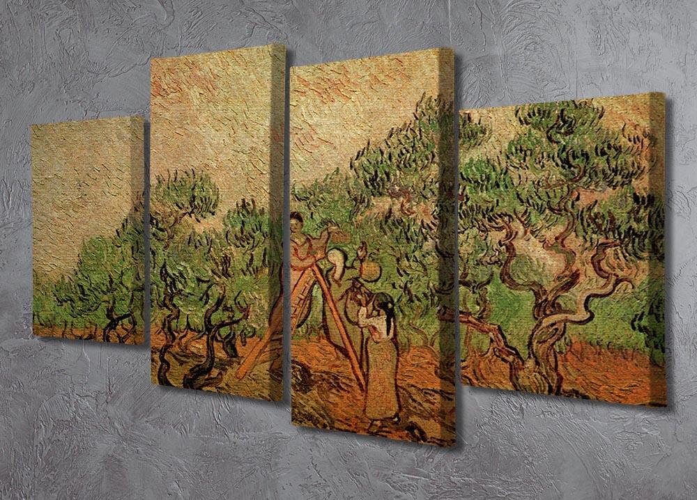 A 4-split canvas artwork featuring Van Gogh's Olive Picking, showcasing vibrant colors and dynamic design across four panels.