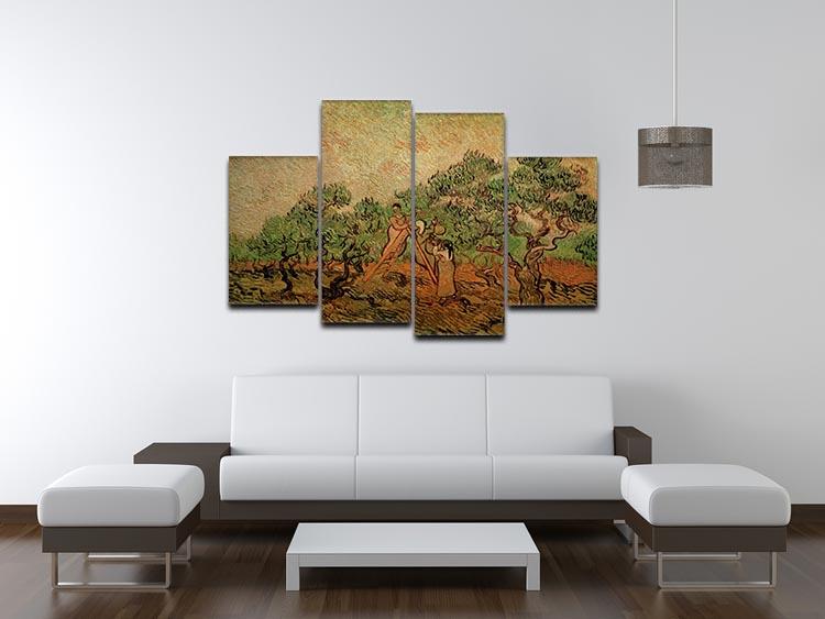 A 4-split canvas artwork featuring Van Gogh's Olive Picking, showcasing vibrant colors and dynamic design across four panels.