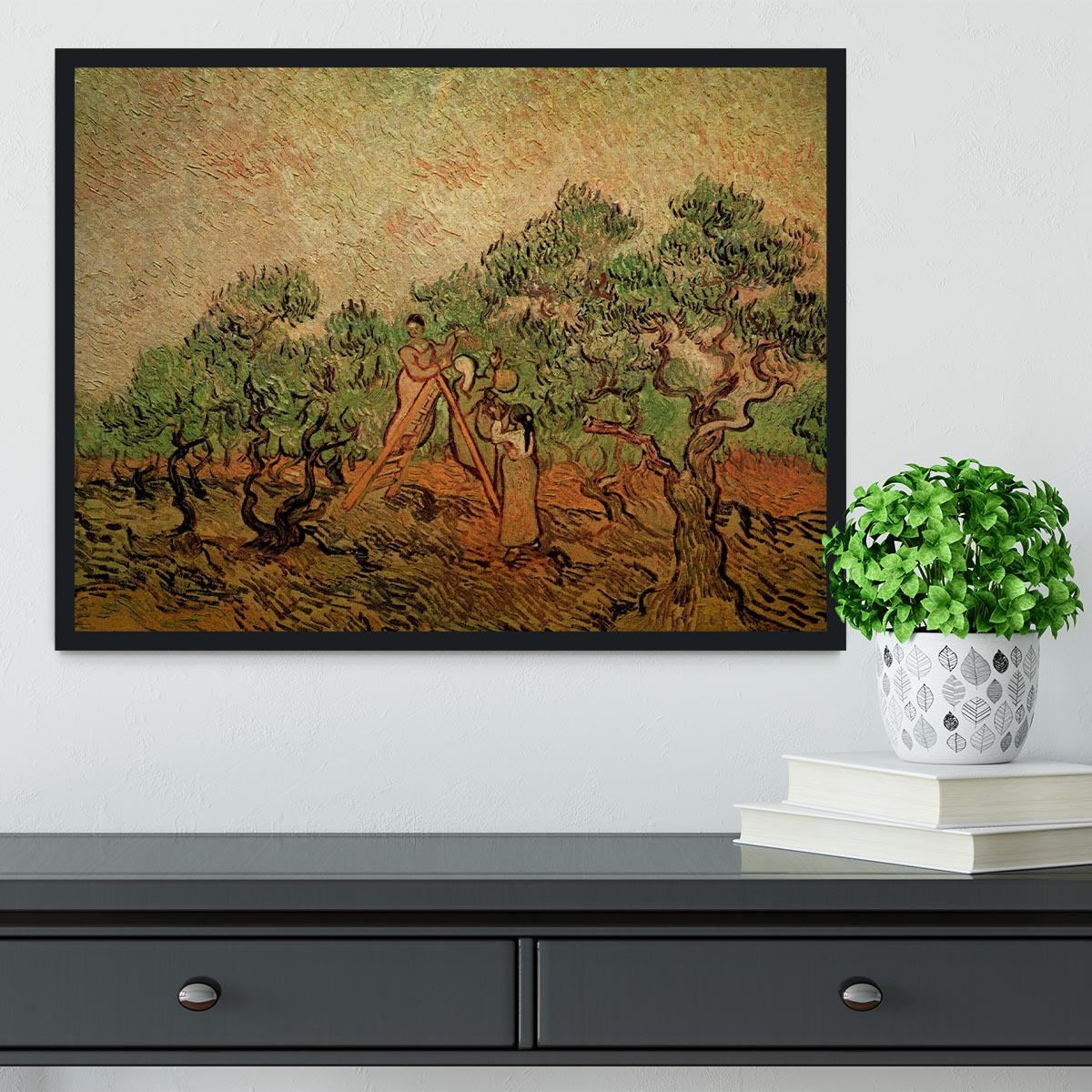 Framed print of Olive Picking by Van Gogh, showcasing vibrant colors and intricate details in a stylish frame.
