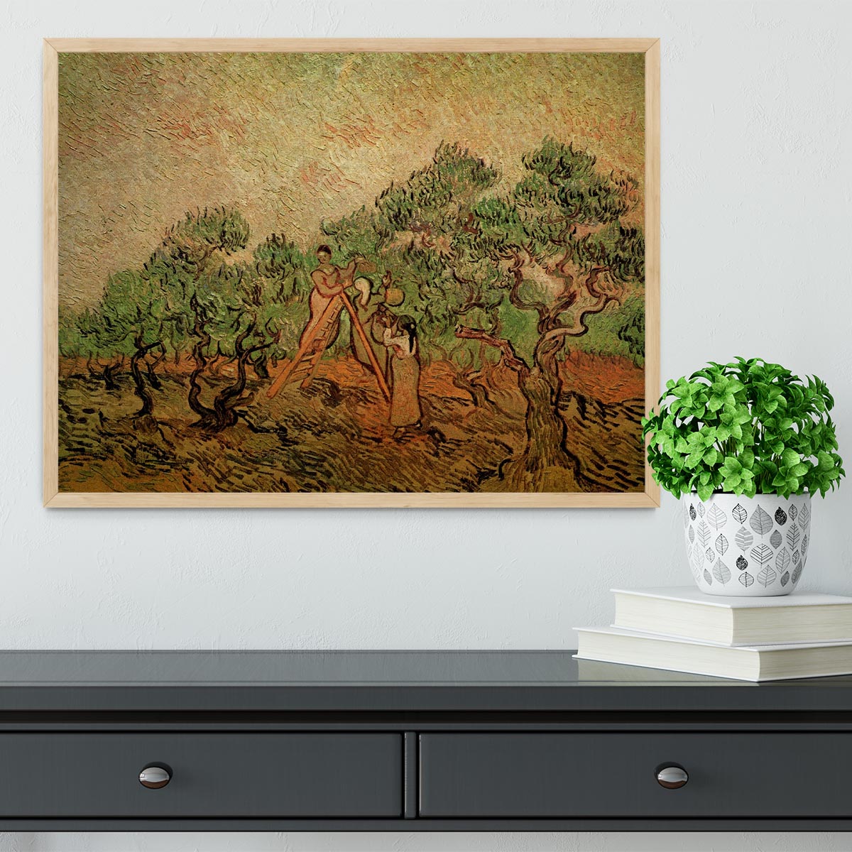 Framed print of Olive Picking by Van Gogh, showcasing vibrant colors and intricate details in a stylish frame.
