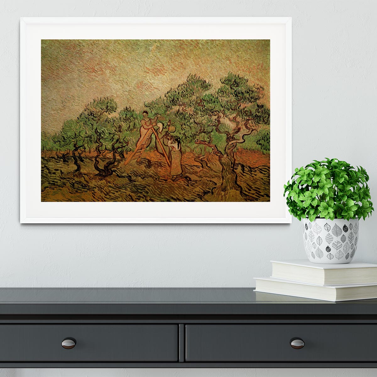 Framed print of Olive Picking by Van Gogh, showcasing vibrant colors and intricate details in a stylish frame.