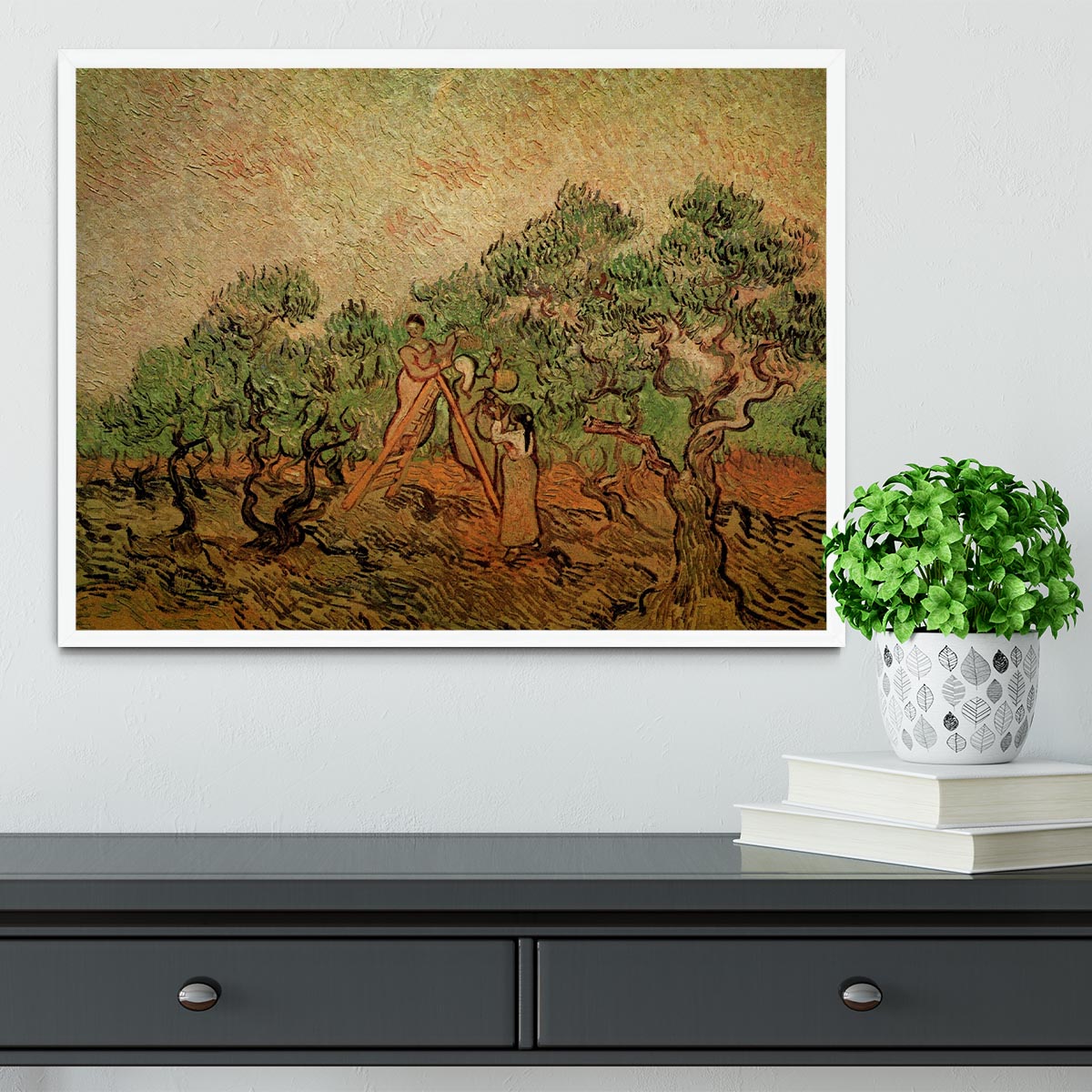 Framed print of Olive Picking by Van Gogh, showcasing vibrant colors and intricate details in a stylish frame.