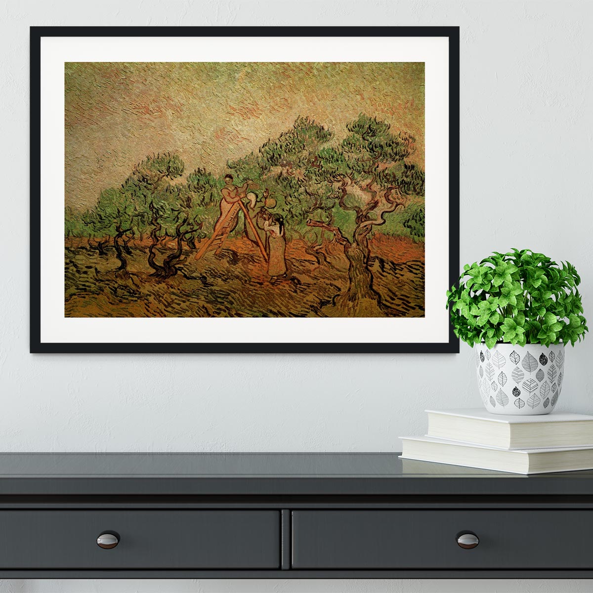 Framed print of Olive Picking by Van Gogh, showcasing vibrant colors and intricate details in a stylish frame.