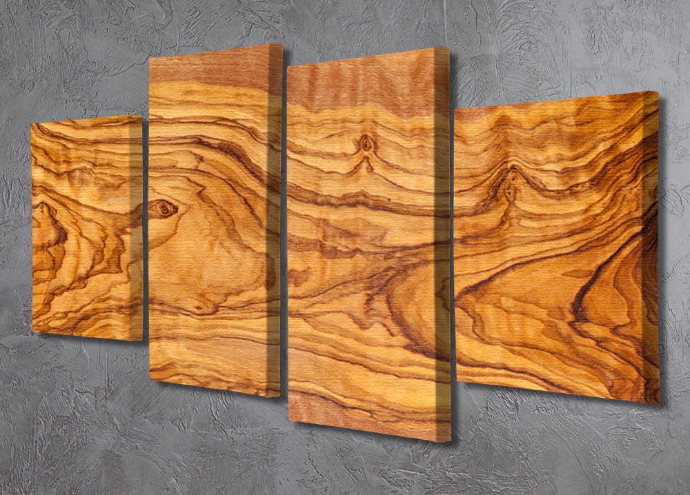 Olive tree wood slice artwork displayed as a 4 split panel canvas, showcasing natural grain patterns and warm tones.