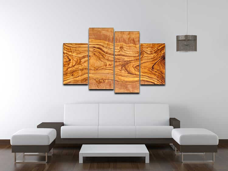 Olive tree wood slice artwork displayed as a 4 split panel canvas, showcasing natural grain patterns and warm tones.